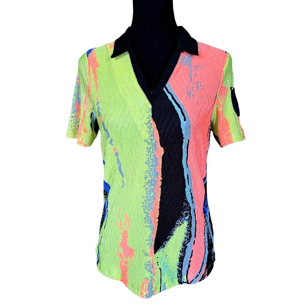 Jamie Sadock Neon Colorblock Textured Crinkle Fabric Golf Polo, Medium, Resort